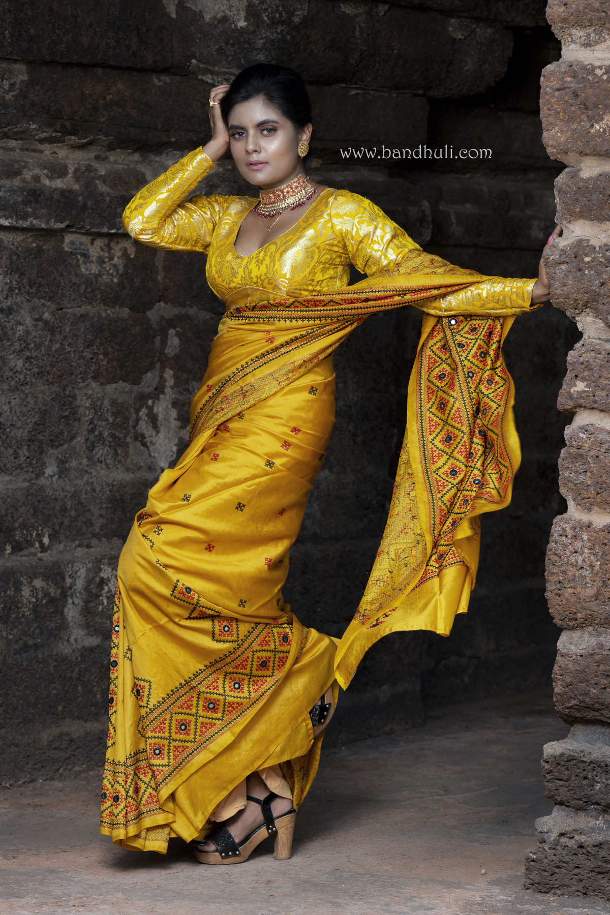 Hand Embroidery Gujrathi stitched Golden Yellow Color silk saree